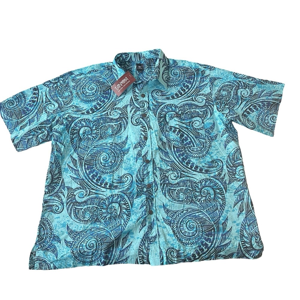 NWT Tanoa Men's Size 3XL Bula Shirt Blue Blue Wave Swirl Button Up 100% Cotton